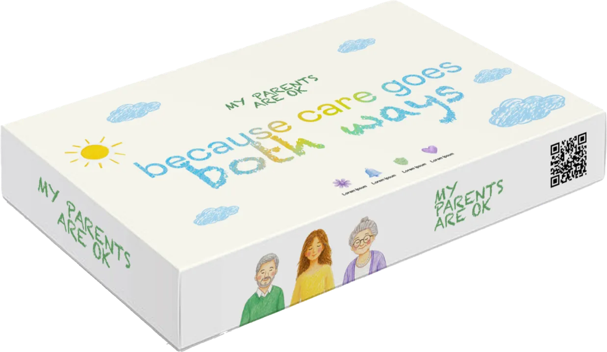 The Care Package gift box, printed with “because care goes both ways”